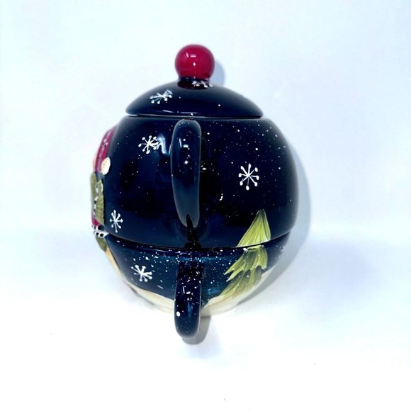 Wongs Ceramic Teapot For One Navy Snowman Snowflakes Pine Trees 3 Pc 20 oz 2006 - Picture 3 of 14